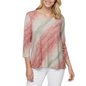 Weekends by Chicos size 3 XL 3/4 Sleeve Tie Dye Print Top Coral Green Size 3